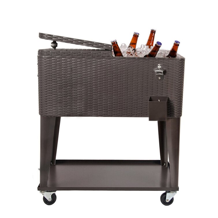 Home Aesthetics 80 Qt Brown Wicker Outdoor Patio Rolling Cooler Cartice Chest Beverage Cart