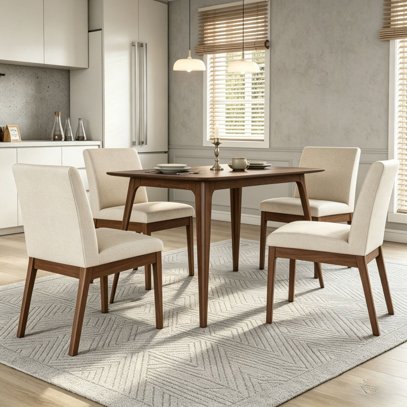 Ensemble de table de salle à manger 5 pièces avec une structure en bois massif et 4 chaises rembourrées