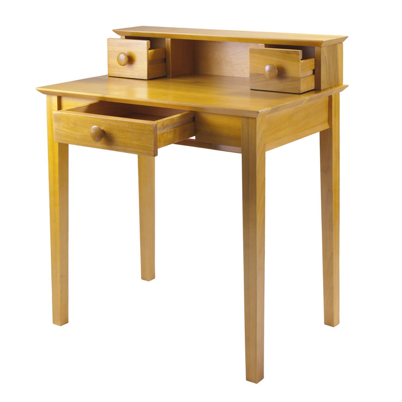 Transitional Honey Pine Wood Home Office Desk Set with Hutch and Storage