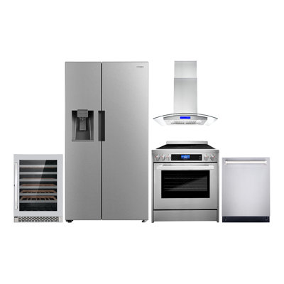 Cosmo 5 Piece Kitchen Appliance Package with Side By Side Refrigerator 29.8'' Electric Freestanding Built-In Island Range Hood
