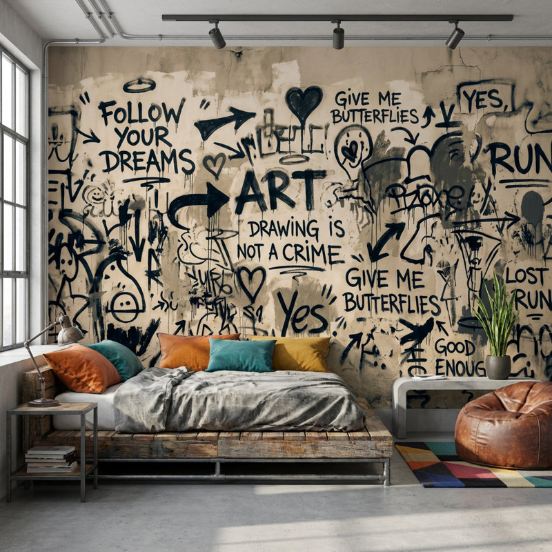 Papier peint graffiti décoratif abstrait mural urbain, 120 po x 96 po, Peler et coller