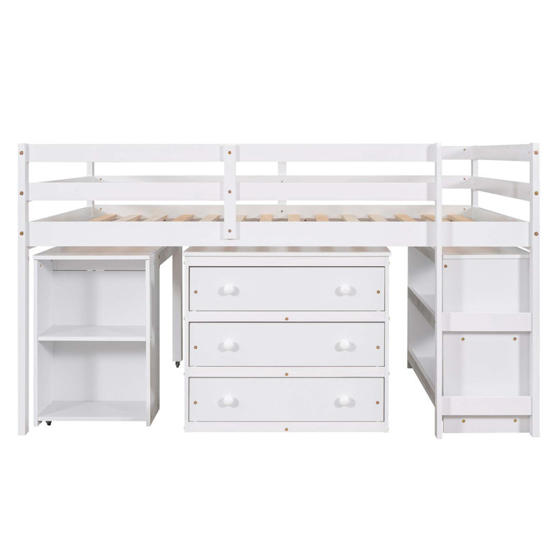 Lit mezzanine basse avec armoire, tablettes et bureau portable roulant, lit multifonctionnel, Blanc