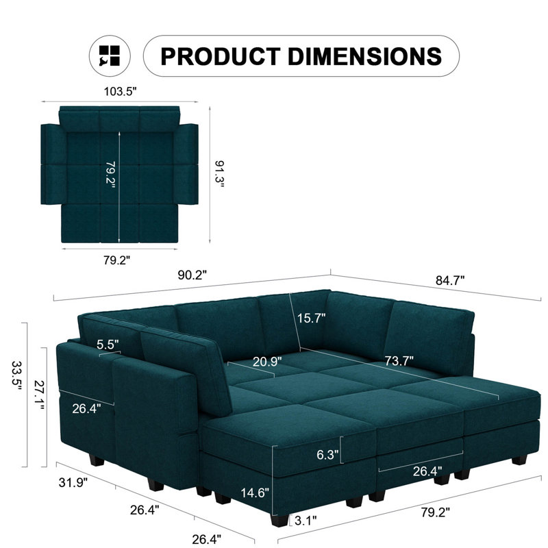 Neemi Upholstered Sectional, Blue Terry
