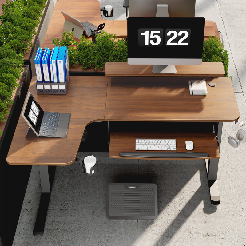 Adjustable L-Shaped Metal Base Standing Desk, Left Hand Return, Walnut/Black