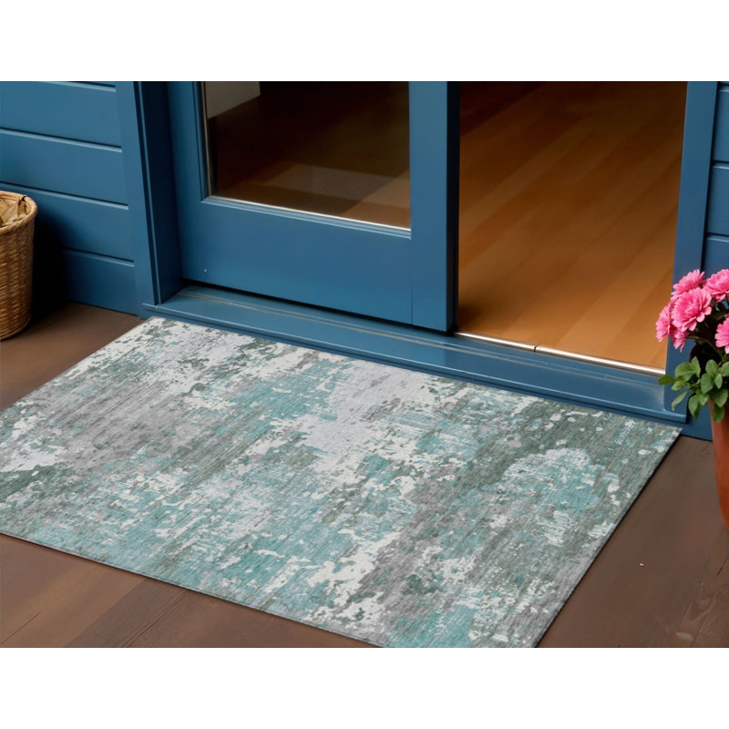 Tapis d'extérieur lavable abstrait bleu et bleu sarcelle 3 pi x 5 pi