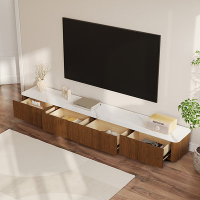 94.5" Brown Wood Patchwork Marble Countertop TV Storage Cabinet, 4 Drawers