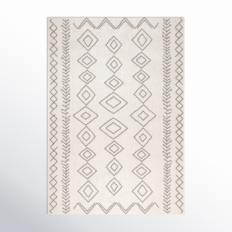 Maeghan Ezri Diamond Indoor/Outdoor Area Rug for Living Room Patio Deck Front Porch Kitchen, Ivory/Dark Grey