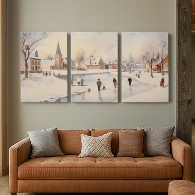 Village de Noël enneigé avec arbre décoré aquarelle, ensemble d'art mural 3 pièces