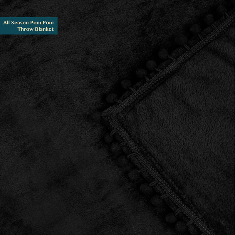 Black Fleece Pom Pom Fringe Throw Blanket