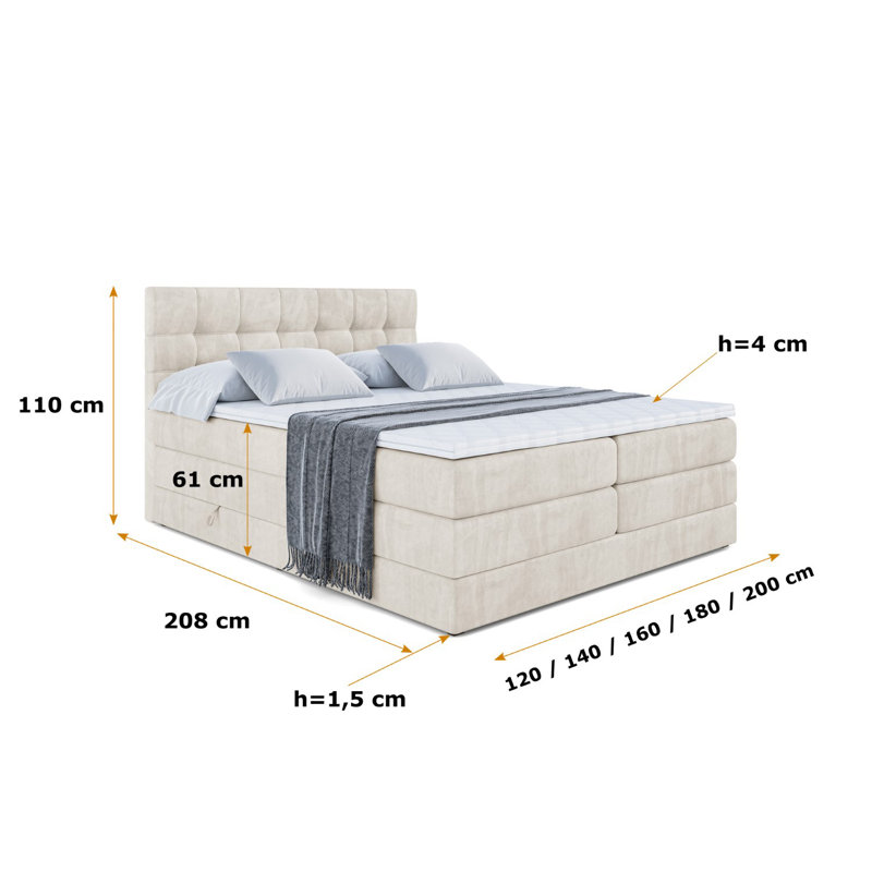 Fobbs Divan Bed with Mattress, 180cm W x 200cm L, Beige