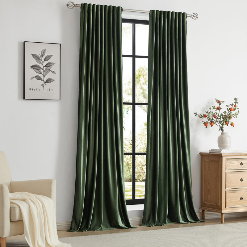 120" Long Green Velvet Blackout Curtain Panels, Set of 2