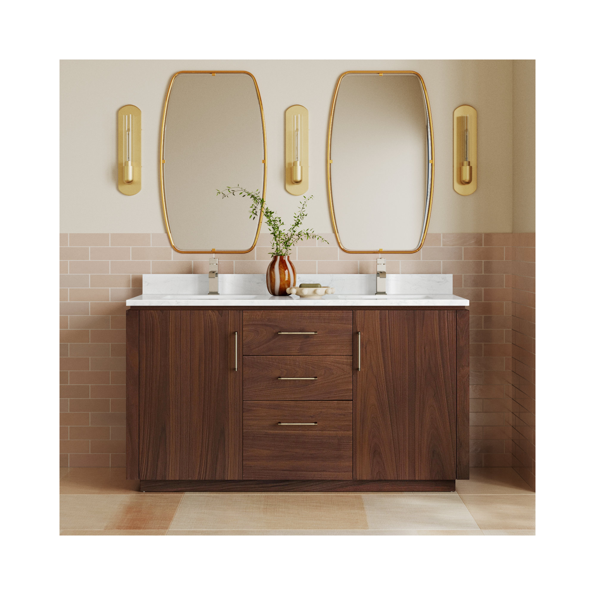 Cloverfield 60'' Double Bathroom Vanity, Gold, Natural Walnut
