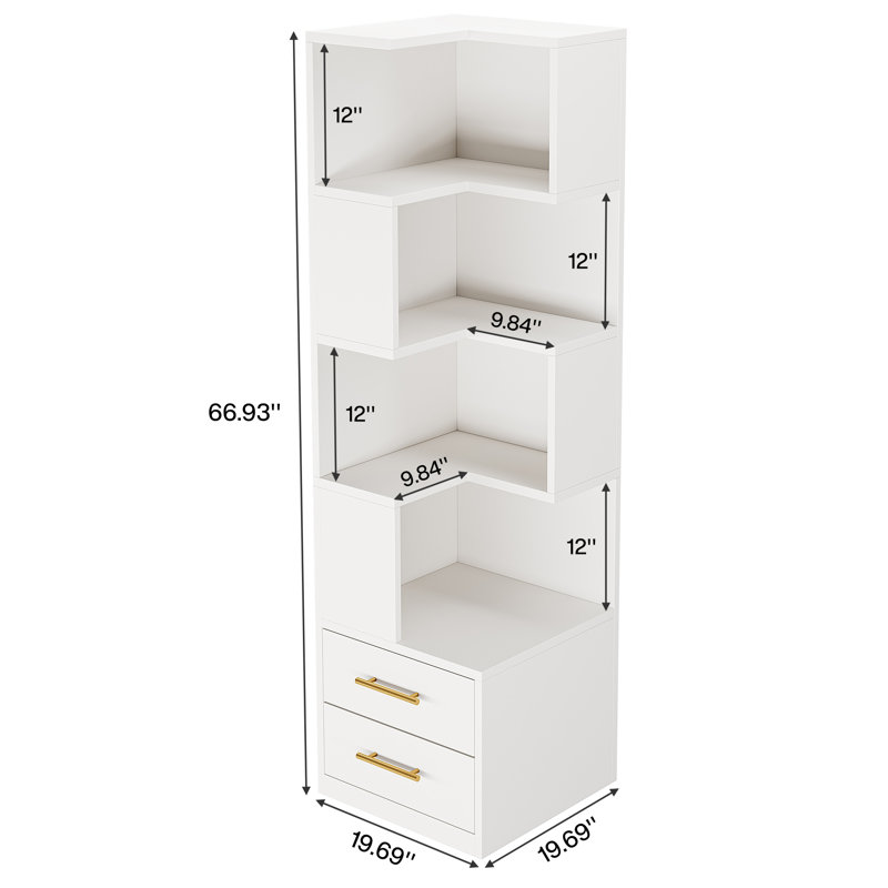 66.9" H Corner Bookcase With 5-Tier Shelf And 2 Drawers, L-Shaped Corner Storage Shelf Bookshelf, White
