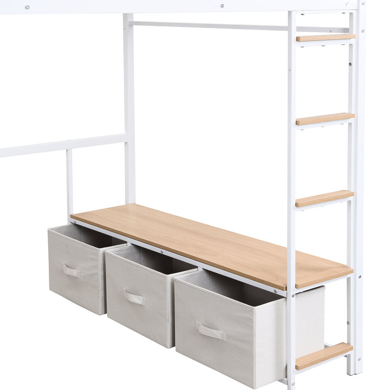 Lit mezzanine pleine grandeur en métal avec rangement à DEL, bureau, garde-robe et 3 tiroirs, blanc - taille de rangement essentielle pour chambre à coucher moderne, choix de qualité de vie