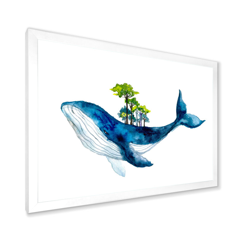 Baleine bleue sur fond blanc III - Peinture sur toile, Cadre photo blanc, H 34 po x l 44 po