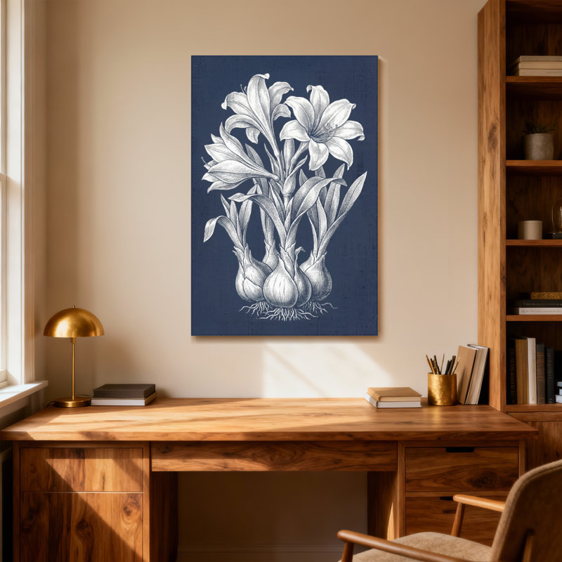 Plantes et fleurs de lys blancs sur fond bleu marine, H 18 po x l 12 po