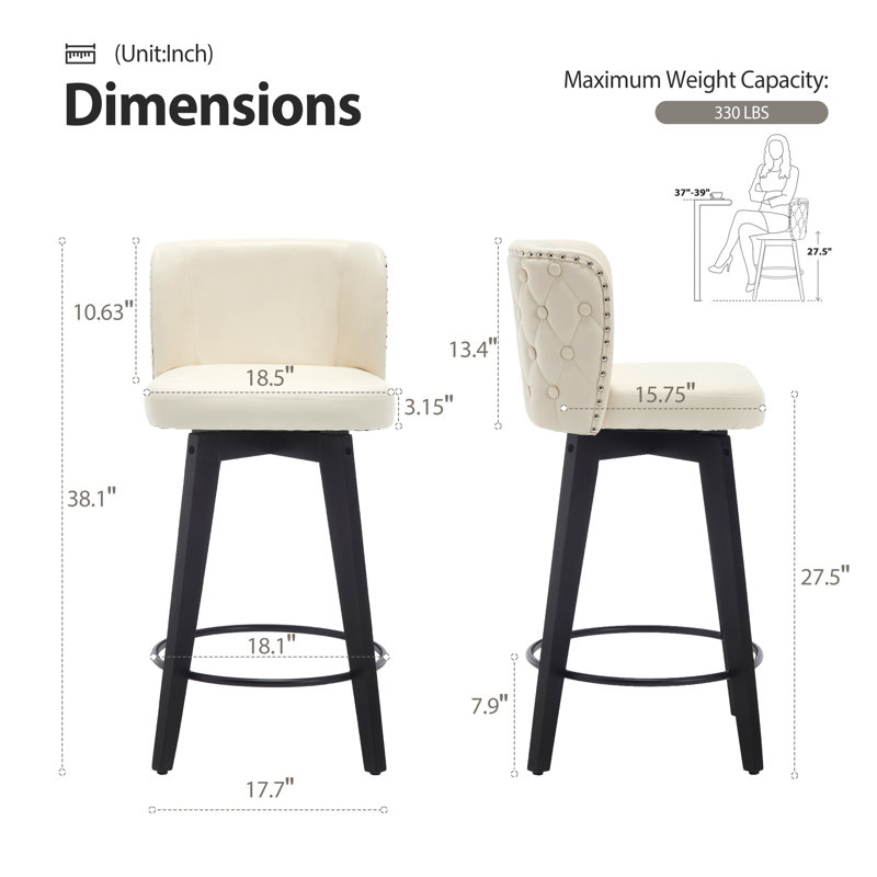 Swivel Bar Stool, 27.5" Pu Leather Seat With Tufted Back, Solid Wood Legs, Counter Height Bar Chairsswivel Bar Stool, 27.5" Pu Leather Seat With Tufted Back, Solid Wood Legs, Counter Height Bar Chairs