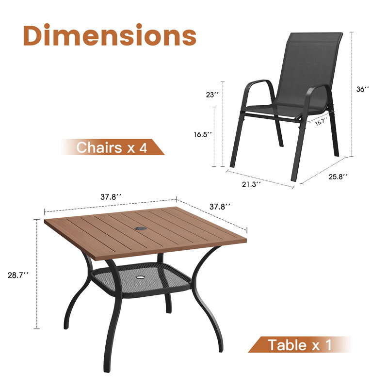 Ensemble repas pour 4 personnes avec chaises empilables, Bois brossé brun / noir