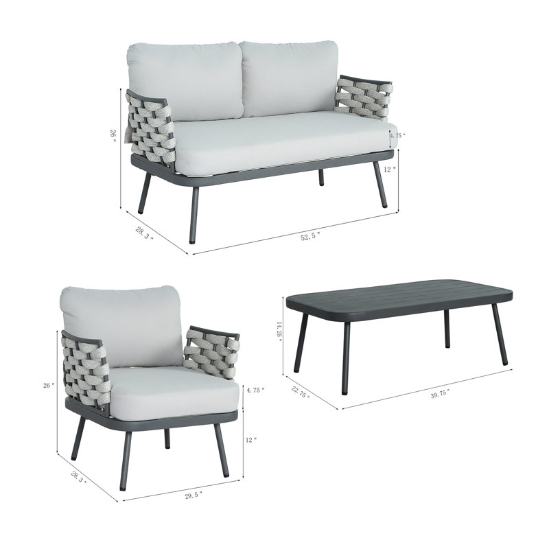 Mariano Steel 4-Pieces Coversation Set, Grey, Gray, Gray