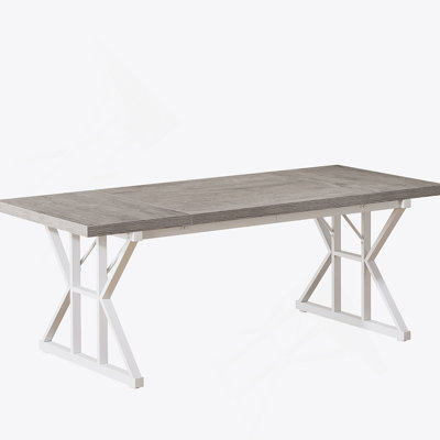 71 Inch Farmhouse Dining Table For 6, Rustic Rectangular Kitchen Table With X-Trestle Metal Legs, Grey & White Wood Top