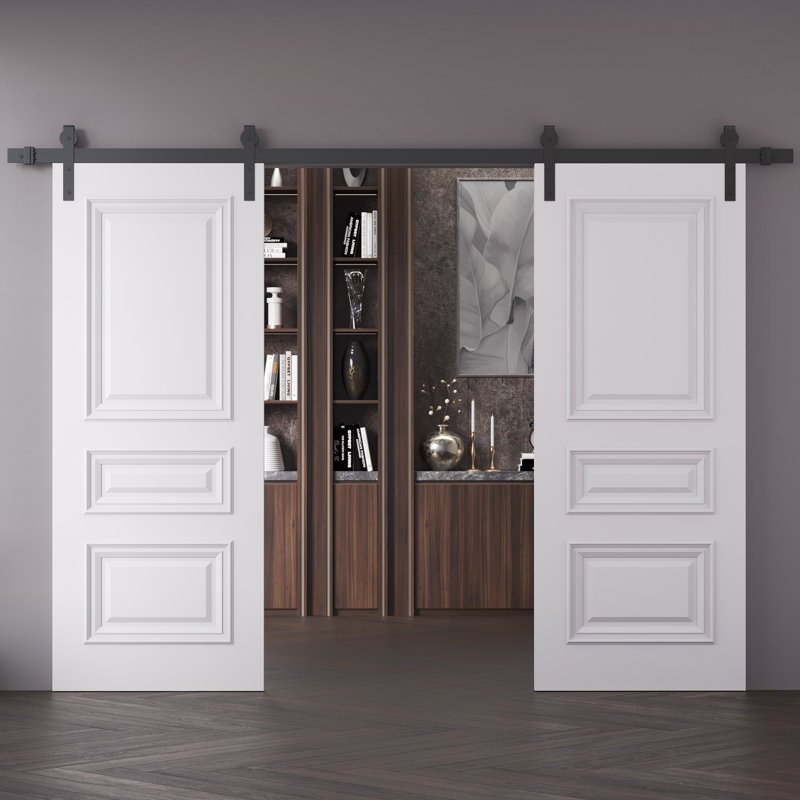 Double pouces de porte de grange | Émail blanc IM33 1833 | Ensemble de rail 13 pi | Portes intérieures solides, 60 po x 96 po
