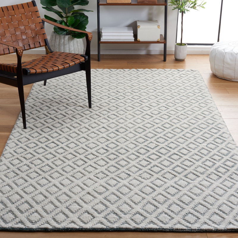 Tapis ivoire / vert en laine tissé à la main Tamworth, Rectangle 8 pi x 10 pi