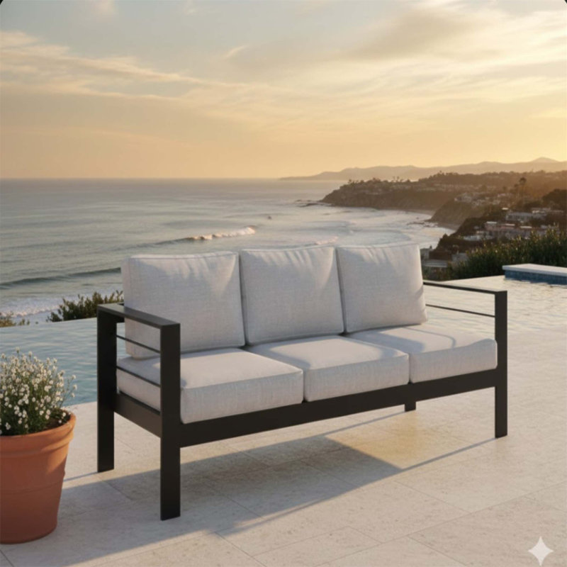 73 Inch All-Weather Aluminum Patio Sofa, 3 Seat Outdoor Couch With Thick Cushions And Durable Frame, Gray, Black