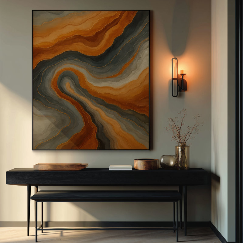 Très grande reproduction d'art sur toile - Motif de géode aux tons orange et gris abstrait, art contemporain pour le salon ou la chambre à coucher - «Assemblage requis du cadre (cadre non fini)»