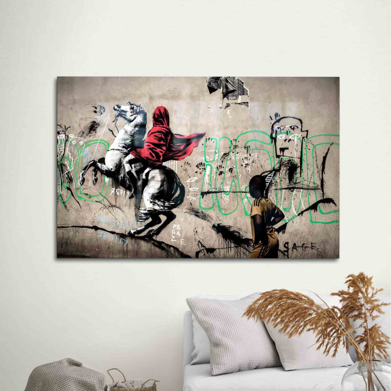 Art mural en verre trempé mettant en vedette le cheval de Banksy, idéal pour ajouter une touche unique à votre décor | Rectangle