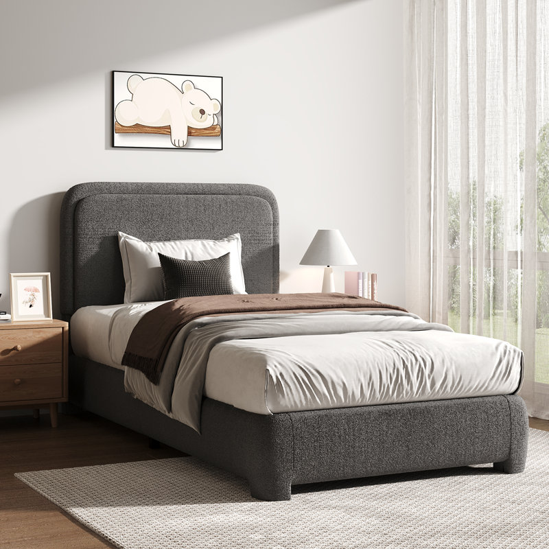 Lit plateforme tapissier Bensu Boucle, Lit simple, Gris