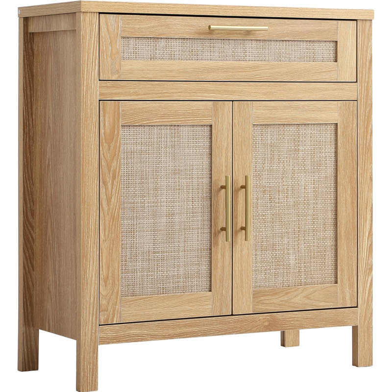 Light Brown Wood and Rattan Cabinet with Adjustable Shelf