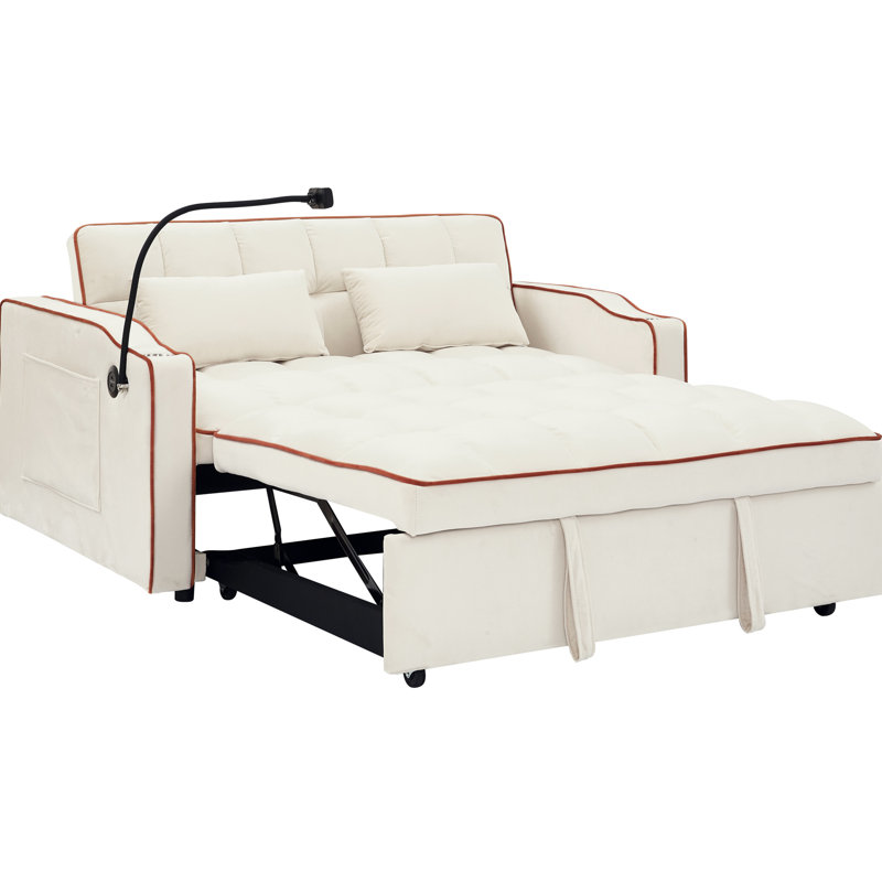 Lit en velours beige de 55,51 po, dossier réglable, cendrier, support pour téléphone et coussins chauds beige moderne avec dossier et pratique