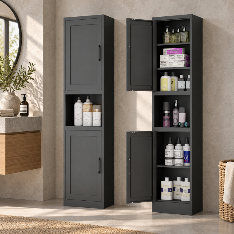 Colonne de rangement pour linge de salle de bain noire autoportante, armoire étroite de 170 cm de haut avec portes magnétiques réversibles et espace de rangement ouvert