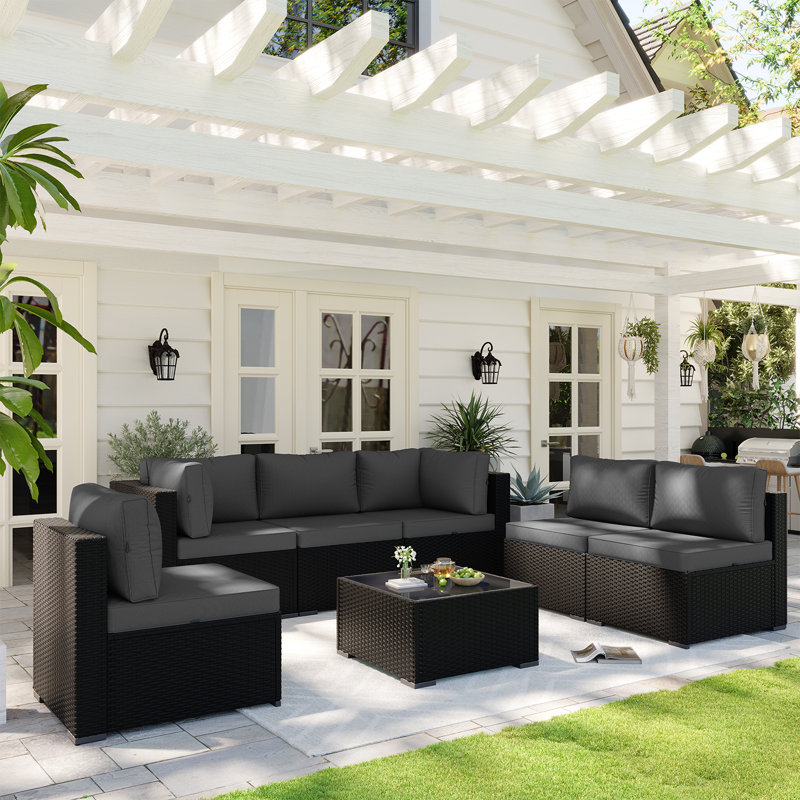 7-pieces Outdoor Rattan Wicker Sectional Seating Group With Cushions, Dark Gray Cushion/Black Frame