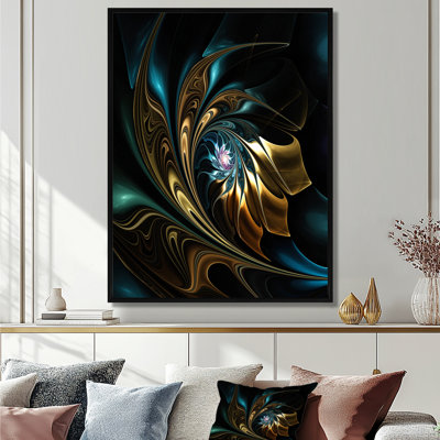 Fleur noire dorée moderne - art mural fleur fractale, impression avec fleur noire