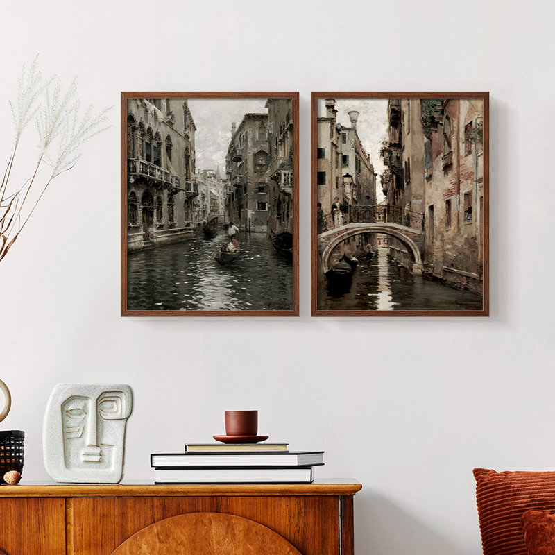 «Vintage Landscape XX», impression giclée sur cadre - ensemble de 2, Noyer, H 17 po x l 42 po
