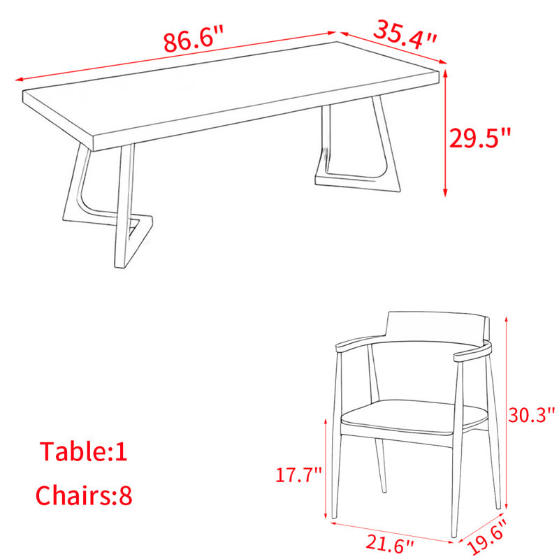 Modern simple solid wood dining table set., 29.5"H x 86.6"L x 35.4"W