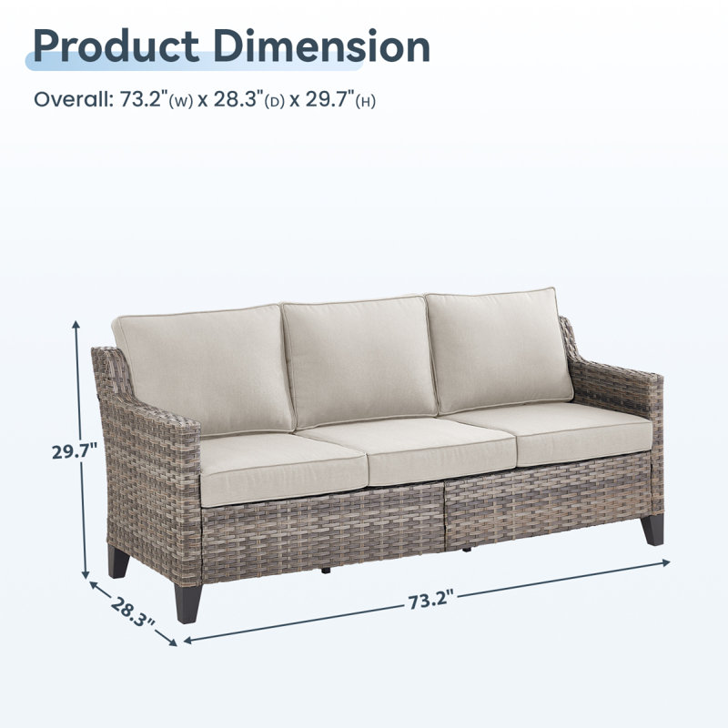 73.2" Outdoor Patio Sofa, 3-Seat Gray Rattan Couch With Beige Cushions Ideal For Balcony Or Porch, Beige