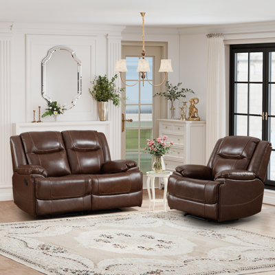 2-Piece Luxurious Classic Genuine Leather Reclining Living Room Set With One Recliner & One Loveseat