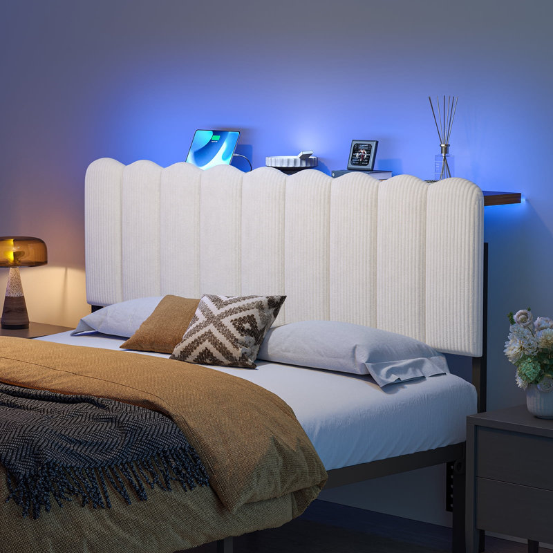 Tête de lit tapissier pleine grandeur rayée en molleton avec lumières DEL, hauteur réglable pour matelas de 8 à 14 pouces, pieds en métal
