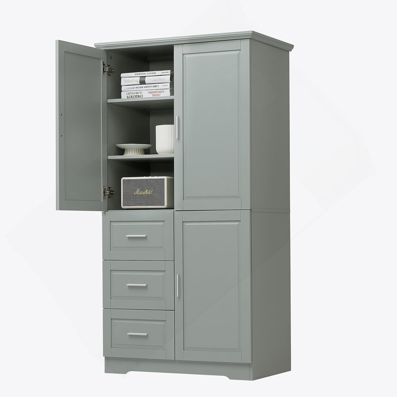Armoire de rangement avec portes et trois tiroirs pour la salle de bain, Gris