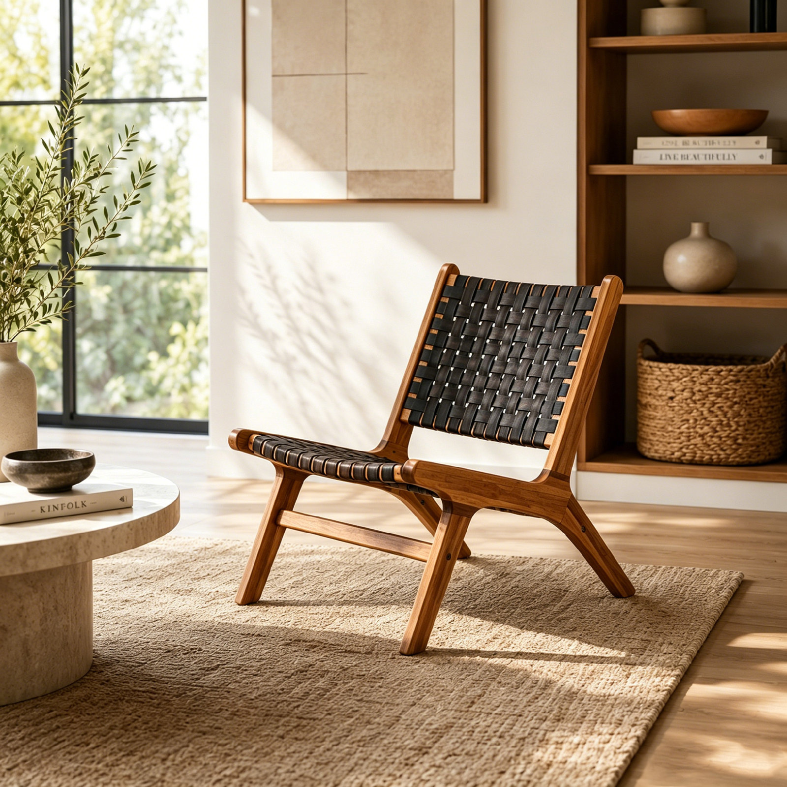 32" Solid Wood Modern Woven Accent Chair