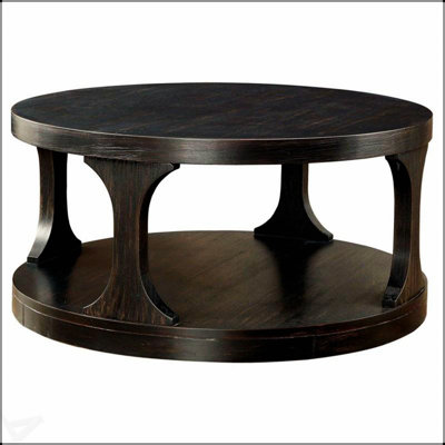 Transitional Style Antique Black Finish Round Coffee Table with Extra Storage Shelf and Intricately Designed Legs