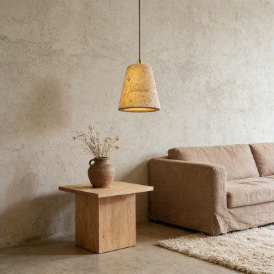 Wabi Sabi Concrete Pendant Light With Travertine Stone Shade - Adjustable Hanging Light For Kitchen Island, Dining Room, And Bedroom - Nordic Industrial Style Fixture