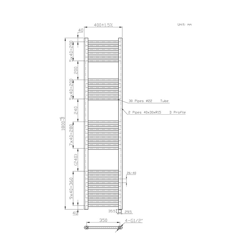 Straight Towel Rail Heated Towel Rails, Anthracite, 180cm H x 40cm W x 3cm D