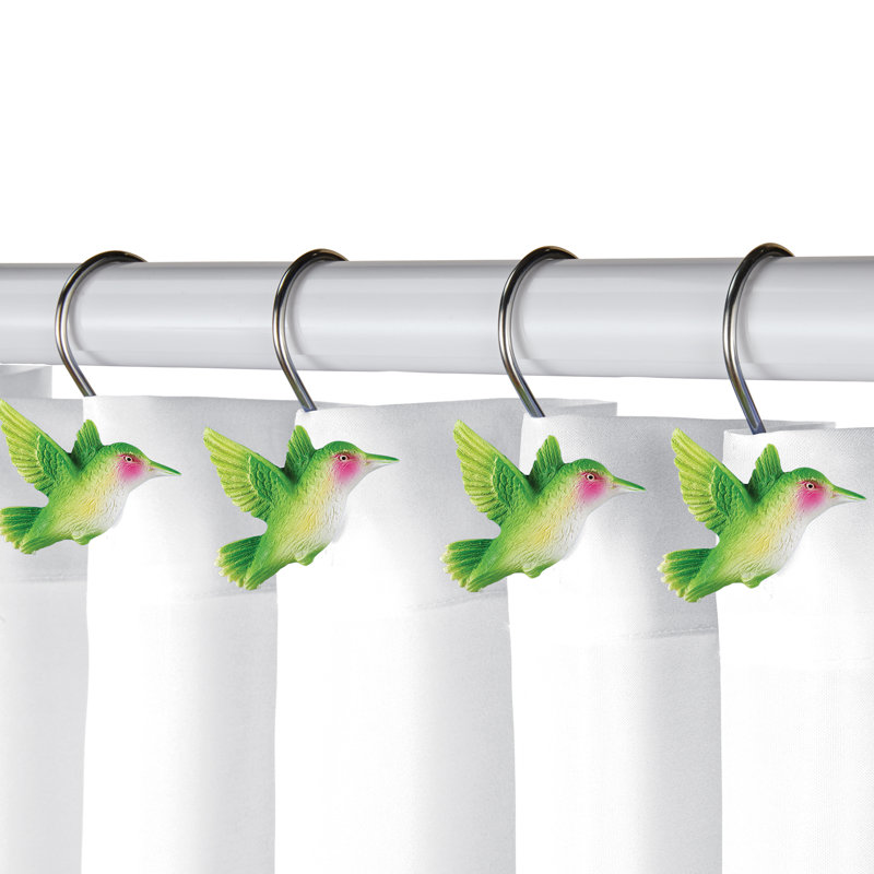 Vibrant Green and Pink Resin Hummingbird Shower Curtain Hooks Set