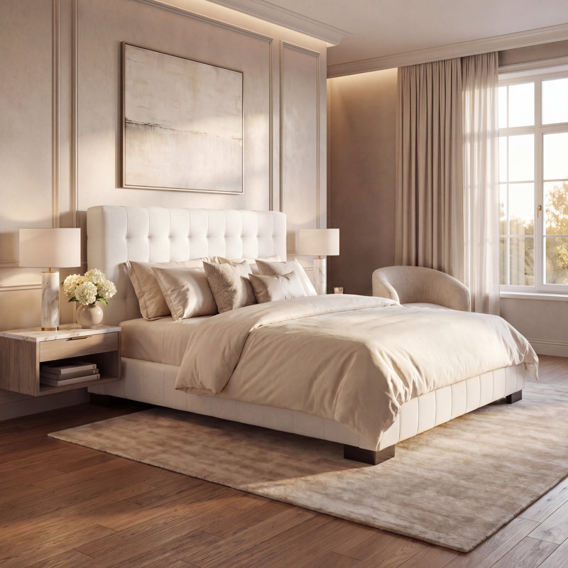 Vivaldi Upholstered Platform Bed, White, Queen