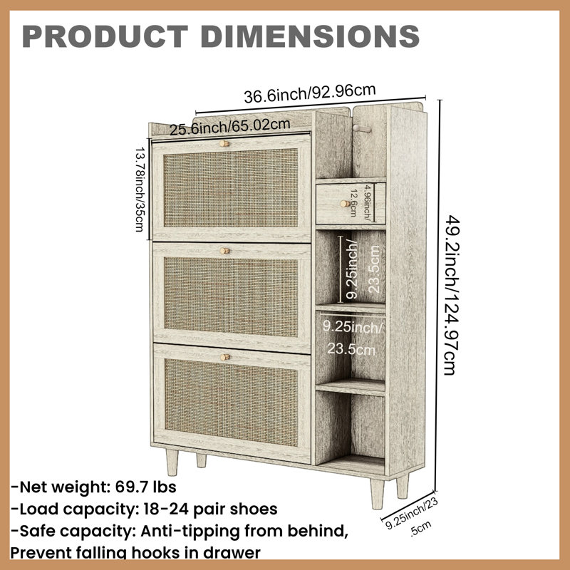Shoe Organizer with Mulit Storage Space and Hooks for Hallway, Natural Wood