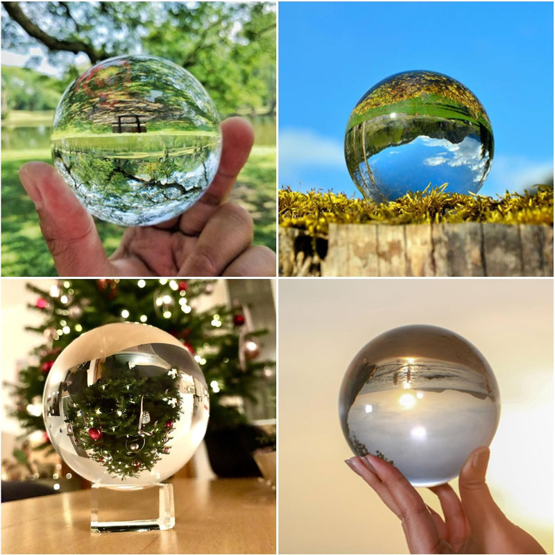 Ensemble de 3 boules de cristal décoratives en verre transparent avec présentoirs, sphères de table modernes