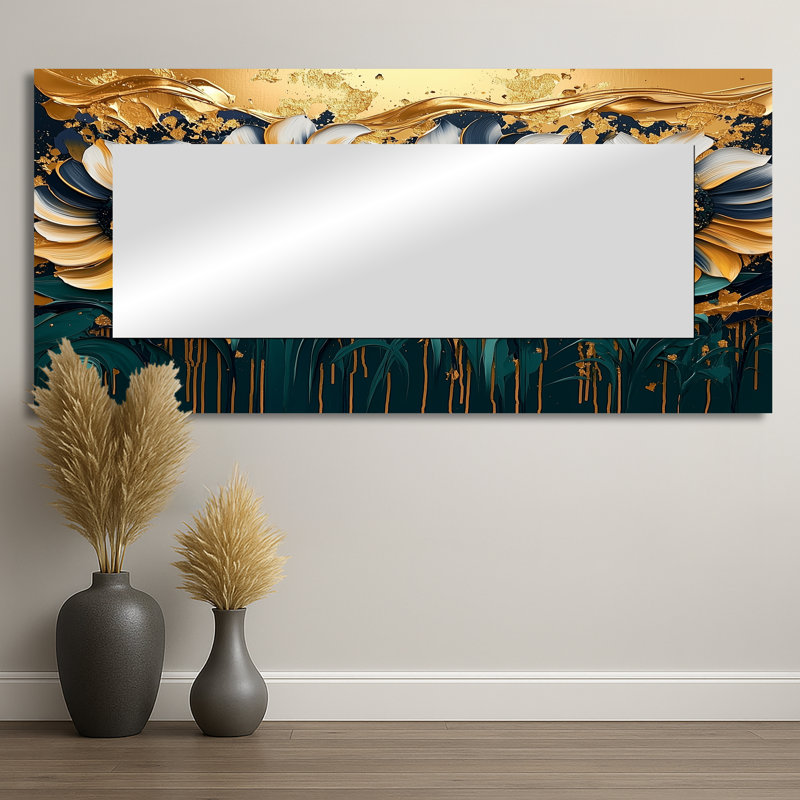 Champ de fantaisie champ de tournesols émeraude - Art mural miroir floral - imprimé sur métal, 28 po x 60 po